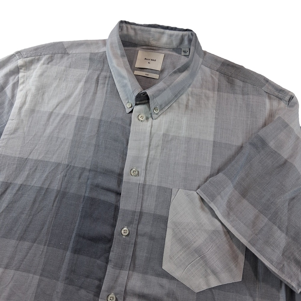 Billy Reid Button Down Shirt XL Slim Gray Blue‎ Plaid Cotton Linen Short Sleeve